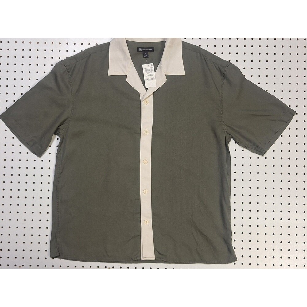 NWT INC International Concepts Men Large Olive Green Ivory Colorblock Button Up